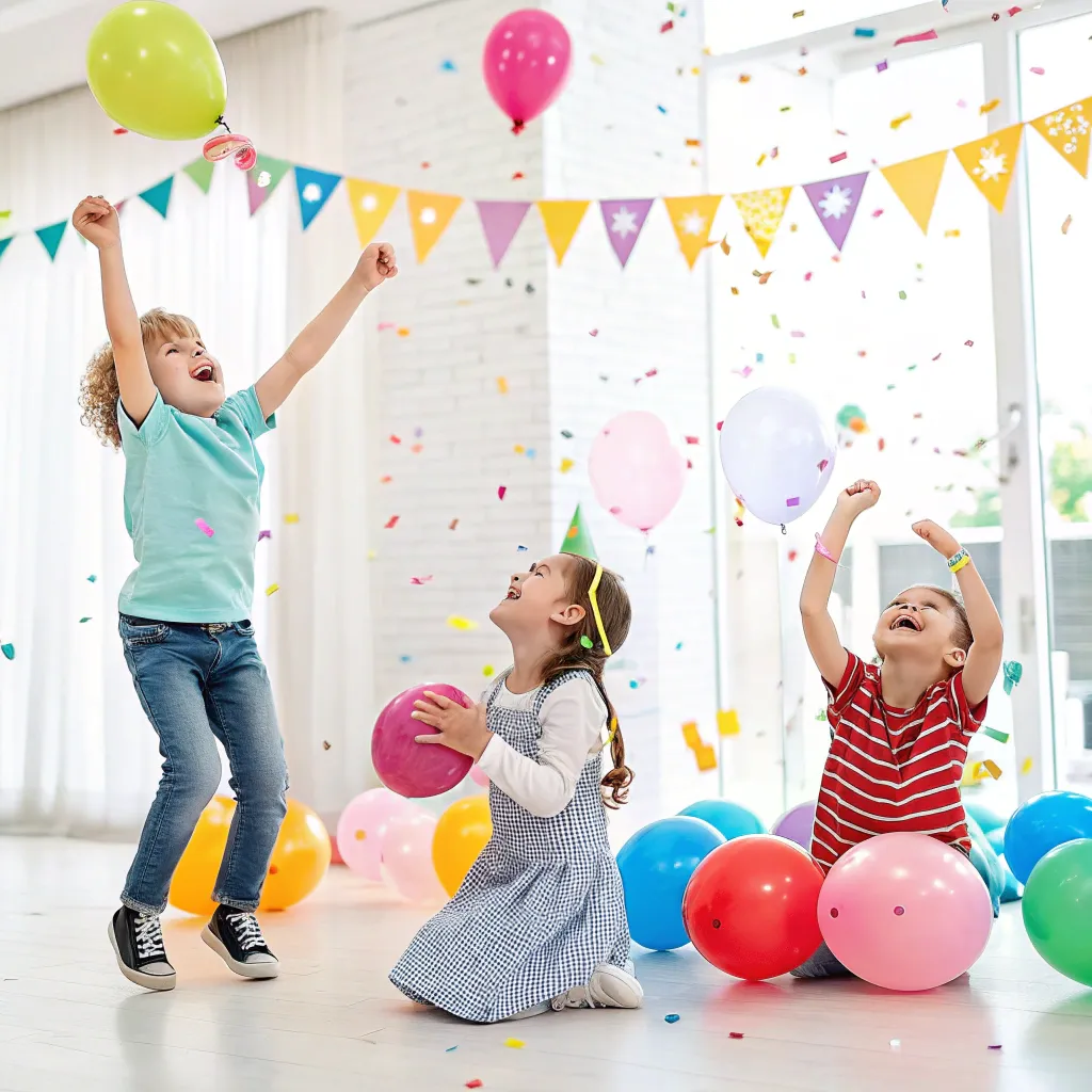 Kids enjoying a fun birthday party with balloons and confetti